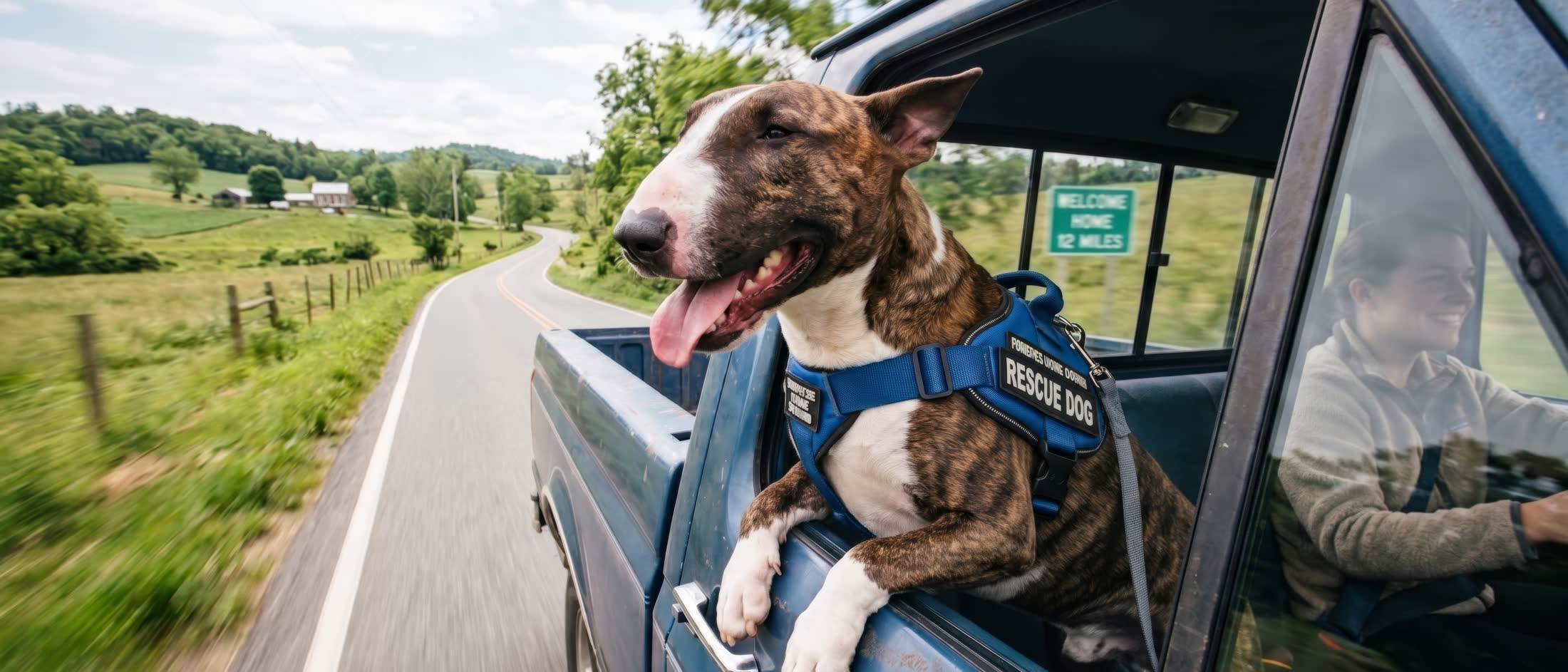Rescue dog in a harness leaning out of a moving truck window on a country road